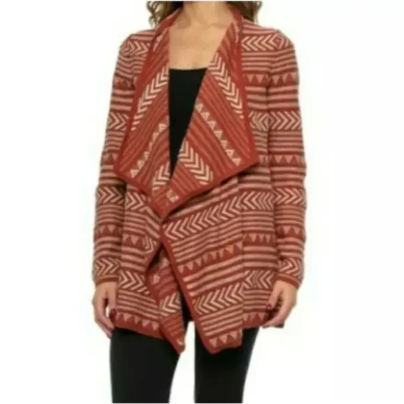 Lucky Brand Aztec Open Cardigan Womens Medium Rust Draped Sweater Topper Casual - Picture 1 of 8